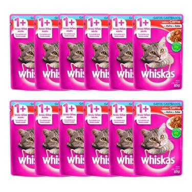 Imagem de Kit 12 Ração Úmida para Gatos Whiskas Adultos 1+ Anos Castrados Sabor Carne em Sachê 85g