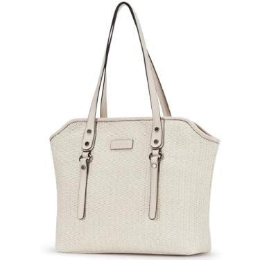 Imagem de Blucoay Bolsa de palha para mulheres, bolsas femininas com bolsos com zíper, bolsas de ombro de praia de verão para uso diário, viagens, trabalho, A04-bege branco, 14.96 x 4.72 x 11.81 inches
