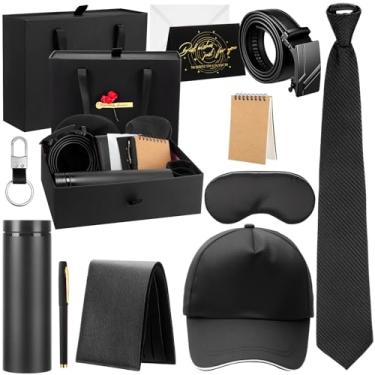 Imagem de AmazingSpark 12 peças de cestas de presente de aniversário para homens caixa de 473 g tumbler carteira máscara de olho couro PU cinto gravata chaveiro caneta diário chapéu conjunto de cartão para pai