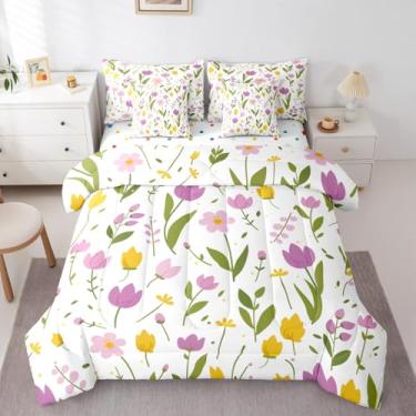 Imagem de Erosebridal Conjunto de cama de 7 peças, tulipa roxa, margarida, solteiro, com lençóis, folhas, pétalas, cama, plantas, amarelo, roxo, jardim, para crianças, meninas e mulheres