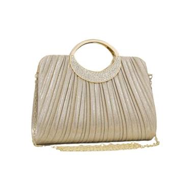 Imagem de QWINEE Bolsa clutch feminina plissada com glitter e corrente de strass brilhante, bolsa de ombro para casamento, Dourado, one_size