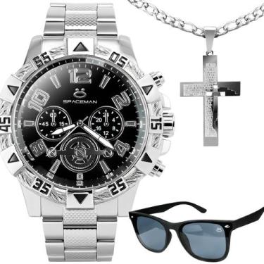 Imagem de relogio masculino aco inox + oculos proteção uv + cordao religioso cas