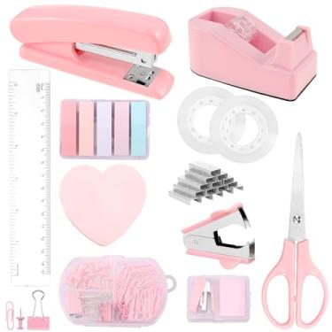 Imagem de Kit de acessórios de mesa, grampeador e dispensador de fita para mulheres, bonito material de escritório com grampeador, mini grampeador, régua, fita, clipes, tesoura e abas, presente para estudantes
