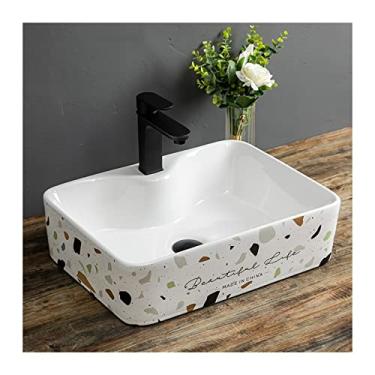 Imagem de Pia de banheiro pia retangular para vaso com torneira preta moderna terraço cerâmica pia de vaso de banheiro acima do balcão lavatório pia de porcelana arte bacia sem furo de transbordamento pia de