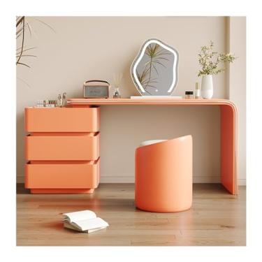 Imagem de Mesa de penteadeira com 3 gavetas, conjunto de penteadeira moderno e simples, incluindo espelho de maquiagem e cadeira de LED, perfeito para mulheres, mesa de vestir meninas (laranja, G 120 cm)