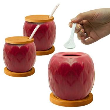 Imagem de Kit 2 Açucareiro Saleiro De Cerâmica Com Tampa De Bambu E Colher 350ml