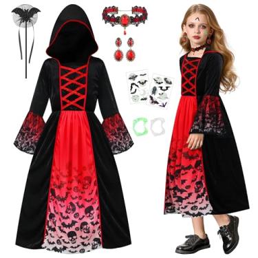 Imagem de RUODON Conjunto de fantasia de vampiro para meninas, vestido de vampiro com capuz, acessórios, tatuagens para Halloween, cosplay, festa, Vermelho, 9-10 Anos