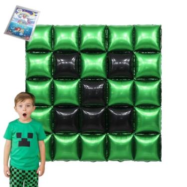 Imagem de 25 balões quadrados de festa pixel – kit de pano de fundo de balões de dupla face verdes e pretos – decoração de arco de parede com tema de jogos para cabine de fotos ou evento estilo pixel