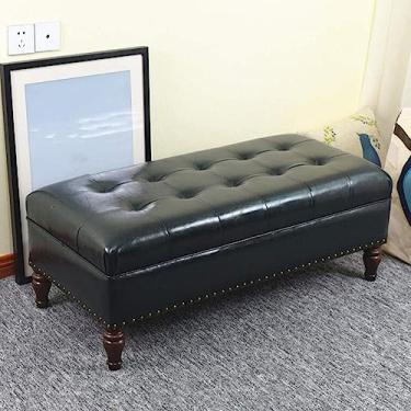 Imagem de Banqueta retangular otomana com tampa articulada, banco de sofá de couro sintético para sala de estar, quarto, banco de cama (cor: azul marinho, tamanho: 100 cm)