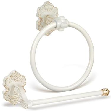 Imagem de Otoolling 2 peças de suporte de papel higiênico branco, suporte de toalha de mão, suporte de rolo de papel higiênico, suporte de parede, retrô, vintage, ferragens de banheiro