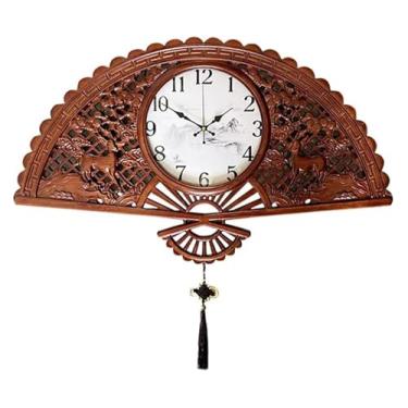 Imagem de CUTPOIY Relógios de parede, relógios de decoração para sala de estar, relógio de parede de madeira estilo chinês clássico doméstico sala de estar atmosfera em forma de ventilador relógio moderno