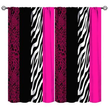 Imagem de XBDDZSW Cortinas de janela com estampa de leopardo, estampa geométrica de pele de vida selvagem rosa preta para decoração de quarto e sala de estar, conjunto de 2 painéis, decoração de 106 x 113 cm