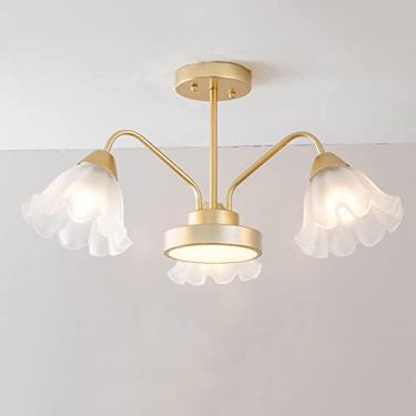Imagem de YQSLQZZ Luminária de teto semi-embutida, lustre escandinavo de ouro fosco para sala de estar quarto com pétala translúcida de vidro luminária decorativa, base E27 (sem fonte de luz)