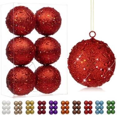 Imagem de Enfeites de bolas de Natal grandes de 8 cm, 6 peças, enfeites de Natal vermelhos grandes à prova de estilhaçamento, para árvore de Natal, grande glitter, enfeite de árvore de Natal grande para árvores