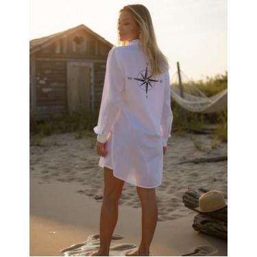 Imagem de Saída de Praia Chemise Manga Longa Estampada Rosa Dos Ventos Bolso Cam