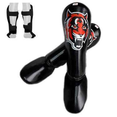 Imagem de Caneleira Muay Thai Proteção Dupla PU/EVA - Elástico Segurança Pé, Para Boxe/MMA/Sparring(Par) (Preto, L)