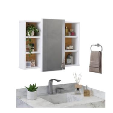 Imagem de Armário Banheiro com Espelho, Espelheira Armario Organizador para Banheiro com Prateleira Nicho(Branco/Nature)