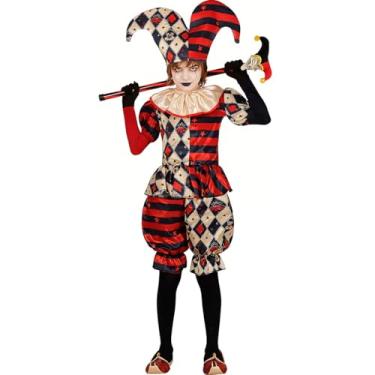 Imagem de Fantasia Infantil Halloween pra Menino Roupa Palhaço Arlequin de Luxo com Chapeu Bobo da Corte (Creme e Vermelho, GG 10-12)