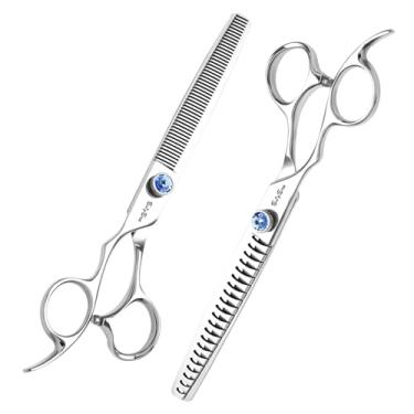 Imagem de 7 polegadas esquerda cão cuidado tesoura, VG10 aço profissional animal de estimação tesoura, 18/50 dentes mais fino chunker com segurança sem ruído ponta blunt, 30% 65% taxa de diluição