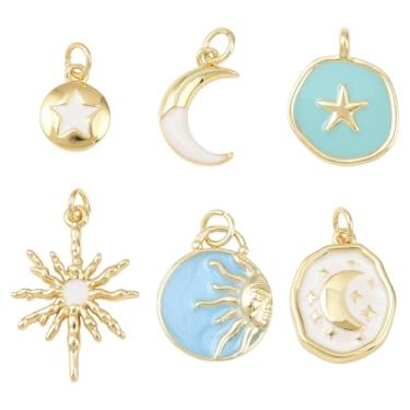 Imagem de Echoed Elegance Pingentes celestiais, latão banhado a ouro, esmalte azul e branco, design lua estrela sol, 6 peças de formas mistas, 0,49-0,95 polegadas, 0, Latão, Sem Pedra Preciosa