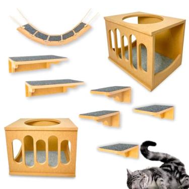 Imagem de BT WOOD Kit Playground para Gatos, MDF 15mm Cru, 9 Peças, Montado com Carpete, Design Wave, Suporta até 25kg (Carpete Cinza)