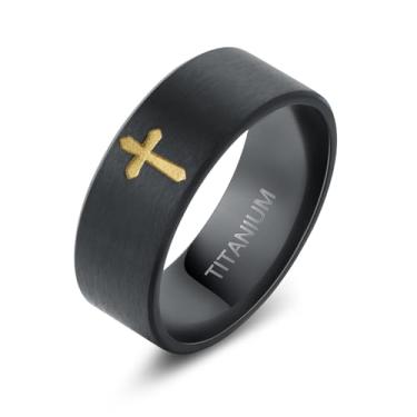 Imagem de Anéis de cruz para homens, anéis de titânio genuíno para homens Lord Jesus Christian 8 mm preto prata anel de casamento masculino ajuste confortável fosco para homens tamanho 6-12, Metal, Sem pedra