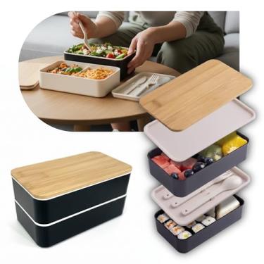 Imagem de Marmita Bento Box 2 Divisórias Tampa Bambu Natural com Talheres Premium Livre de BPA para Micro-ondas e Lava-louças Leve Prática e Ecológica para Viagem Academia Trabalho Faculdade Escola