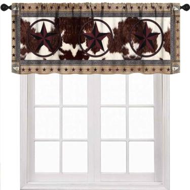 Imagem de Cortinas Western Valances para janelas, rústica Texas Star marrom vaca impressão pele de vaca casa de campo campo campo marrom tratamento de janela curta para quarto sala de estar banheiro 1 peça, 137