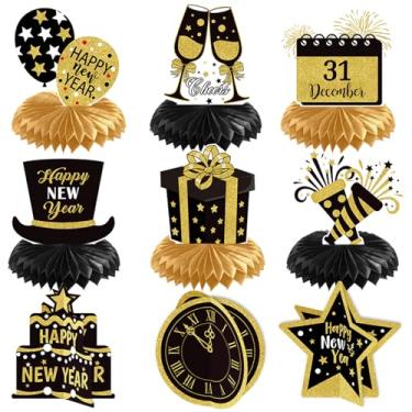Imagem de JOJO FLY 9 peças de centro de mesa feliz ano novo favo de mel, decorações de mesa de ano novo preto e dourado 2026, centros de mesa NYE, artigos de festa de véspera de ano novo 2026