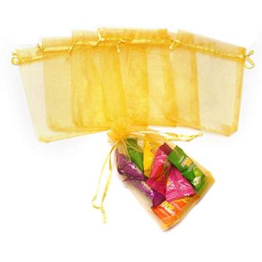 Imagem de 50 unidades de sacos de organza dourada, 10 x 15 cm, pequenos sacos de presente com cordão, lembrancinhas de festa de casamento de Natal