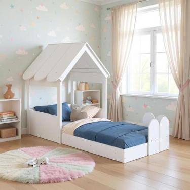 Imagem de Cama Montessoriana Infantil Casinha Com Telhado E Cercadinho Branco - 