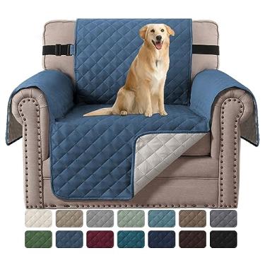 Imagem de Capa de cadeira reversível para cães capa de sofá repelente de água de 5 cm de espessura Protetor de cadeira antiderrapante macio acolchoado largura do assento até 53 cm (poltrona, azul egeu/bege)