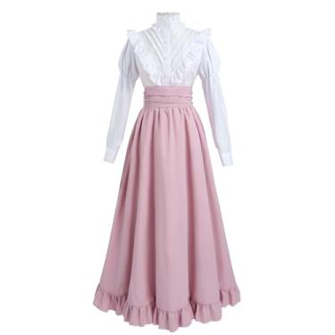 Imagem de CR ROLECOS Vestido vitoriano, fantasia renascentista eduardiana, feminina, medieval, vintage, saia, vestido de baile, Halloween, GG, rosa