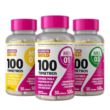 Imagem de KIT 100 Timetros Suplemento Alimentar Fashion Gold 100 Timetros com Zinco – 3 Potes com 30 Cápsulas de 500 mg – Vitaminas A, C, B3, Biotina – Fortalece Cabelos, Pele e Unhas