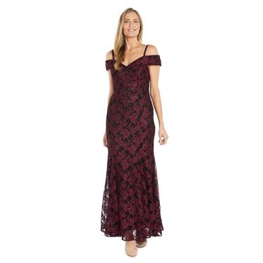 Imagem de R&M Richards Vestido feminino longo de 2 tons com glitter de renda sereia - decote ombro de fora com alças - vestido formal para noite, Merlot/preto, 44