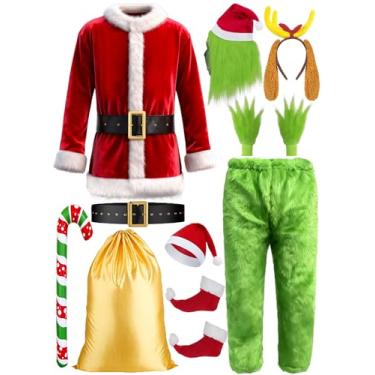 Imagem de KFVZIU 10 peças de fantasia de Papai Noel de Natal com máscara para homens e mulheres adulto terno verde de luxo roupa de Halloween, Verde, XXG