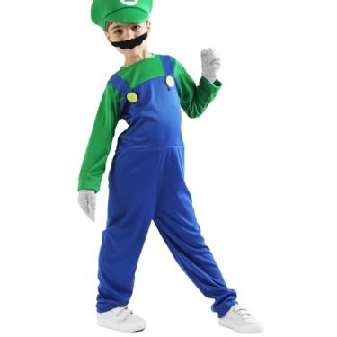 Imagem de Aoibox Plumber Costume For Kids M&L Super Brothers Cosplay Boys Halloween Costumes Jumpsuit with Hat Mustache GM