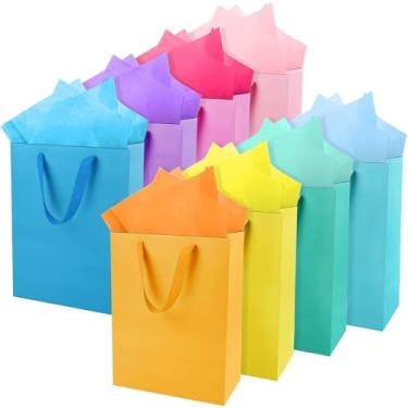 Imagem de MIMIND Pacote com 16 sacos de presente macaron tamanho grande de 33 x 25 x 10 cm com alças, sacos de presente de papel colorido com 32 folhas de papel de seda para aniversário, chá de bebê, casamento