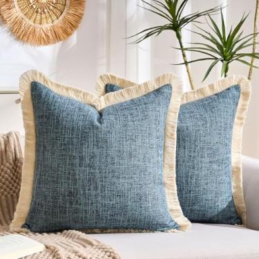 Imagem de KWLET Boho Capas de almofada decorativas de linho com franja 40,6 x 40,6 cm, capas de almofada com borlas macias para sofá, cama, sala de estar, decoração de casa, azul, cinza