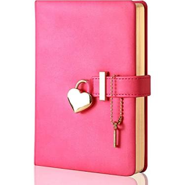 Imagem de Poshieca Diário de cadeado em forma de coração com chave de couro PU diário organizador pessoal caderno secreto para meninas e mulheres B6 tamanho 13,5 x 17,8 cm (diário rosa vermelho)