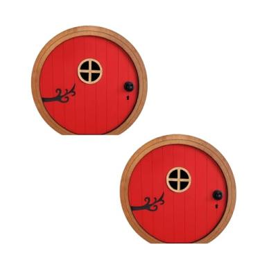 Imagem de 2 peças de porta vermelha de jardim de fadas para árvores, portas de fadas para árvores ao ar livre e tronco de árvore, mini escultura de jardim de fadas, enfeite de gramado, mini presente, decoração