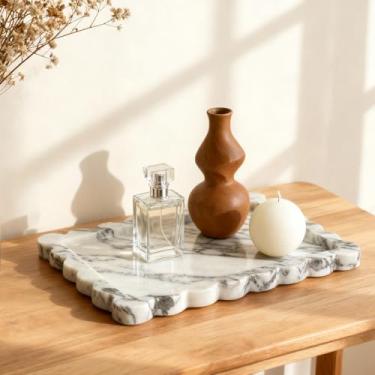 Imagem de Bandeja de mármore recortado genuíno, bandeja de pedra de mármore natural real, bandejas decorativas de luxo para banheiro, cômoda, cozinha, decoração de casa, 27 x 20 cm, cinza calacatta
