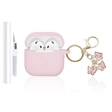 Imagem de AZGYIAI Capa compatível com Apple AirPods 4ª geração (2024), capa de silicone macio para AirPods 4 com chaveiro borboleta e kit de limpeza para meninas e mulheres (rosa brilhante)