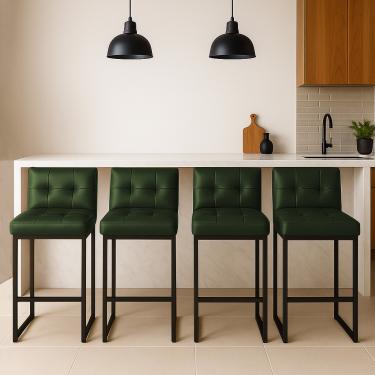 Imagem de Banqueta Cozinha Alta com Encosto Industrial Kit 4 Preto Lirina PU Verde C05 - D'Rossi
