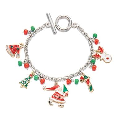 Imagem de Pulseiras com pingente de Natal com pingente de Natal com contas coloridas, meias de árvore de Papai Noel, floco de neve, caixa de presente, guirlanda, muleta, alce doce, pulseira com pingente, One