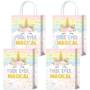 Imagem de Brattol 16 peças de quatro sacos mágicos de presente de aniversário de 4 anos para suprimentos de festa de quarto aniversário, dourado arco-íris, guloseimas, doces, lembrancinhas, sacolas para meninas