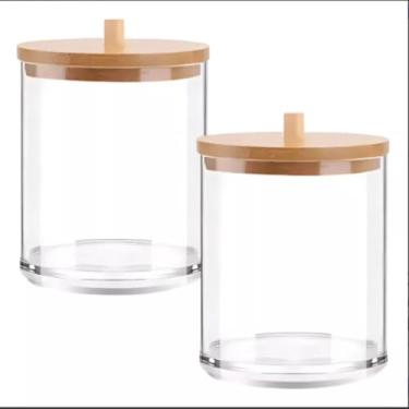 Imagem de Kit 2 Porta Cotonete e Algodão em Acrílico com Tampa Bambu, Multiuso, Organizador de Banheiro e Maquiagem