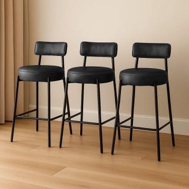 Imagem de Banqueta Cozinha Alta Com Encosto Industrial Preto Kit 3 Londres Pu D03 - D`rossi Cor Preto