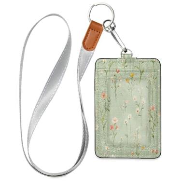 Imagem de SEHANY Porta-crachá de couro de flores silvestres verdes com cordão, porta-crachá de identificação com 1 janela transparente para identidade e 2 compartimentos para cartão para funcionários de