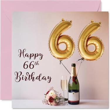 Imagem de Stuff4 Cartões de aniversário de 66 anos para homens e mulheres - Balões e uma garrafa de bolhas - Cartão de feliz aniversário para homem de 66 anos mulher irmã irmão babá primo, cartões comemorativos